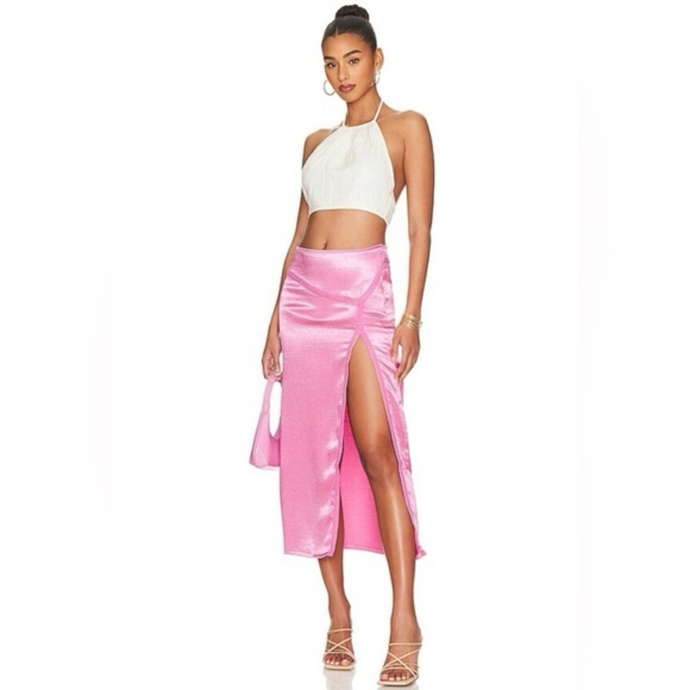 Free People Pink Satin Asymmetrical High-Slit Midi Skirt